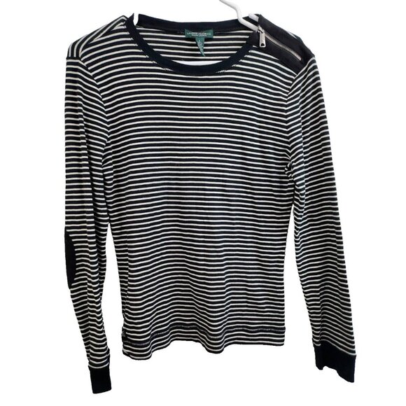Lauren Ralph Lauren Tops - Lauren Ralph Lauren Womens Top Large Black White Striped Elbow Patch Long Sleeve